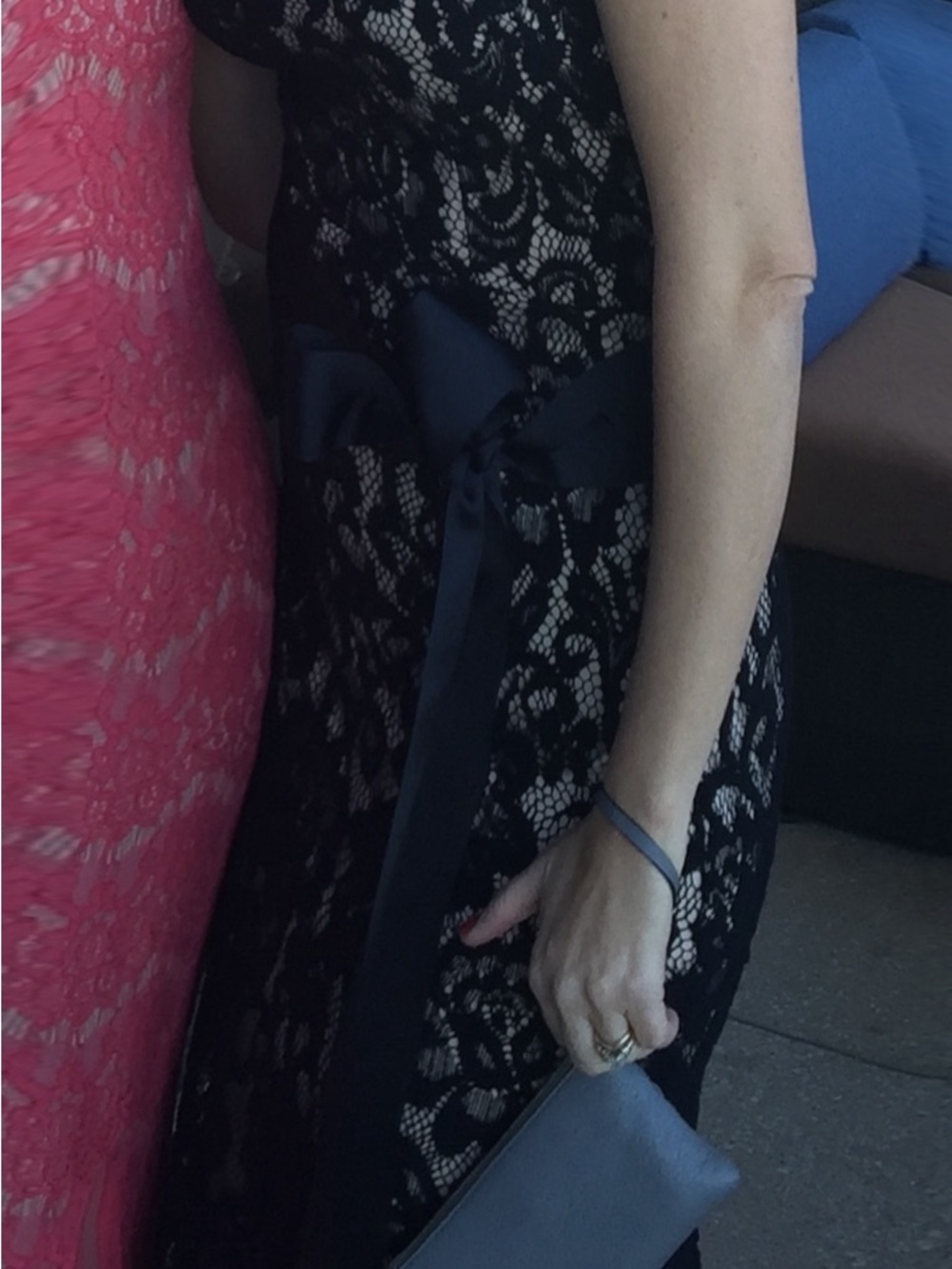 Black Lace Overlay Evening Gown with ribbon Waist Tie - Picture 4 of 4